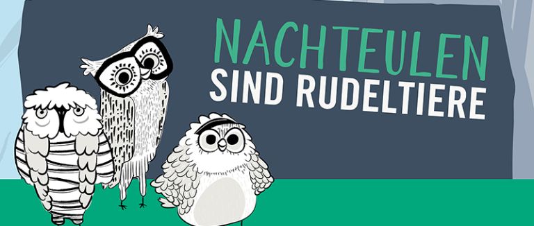 Nachteulen sind Rudeltiere 3 Grafik: Drei gezeichnete Eulen als Repräsentation des Nachteulen-Projektes